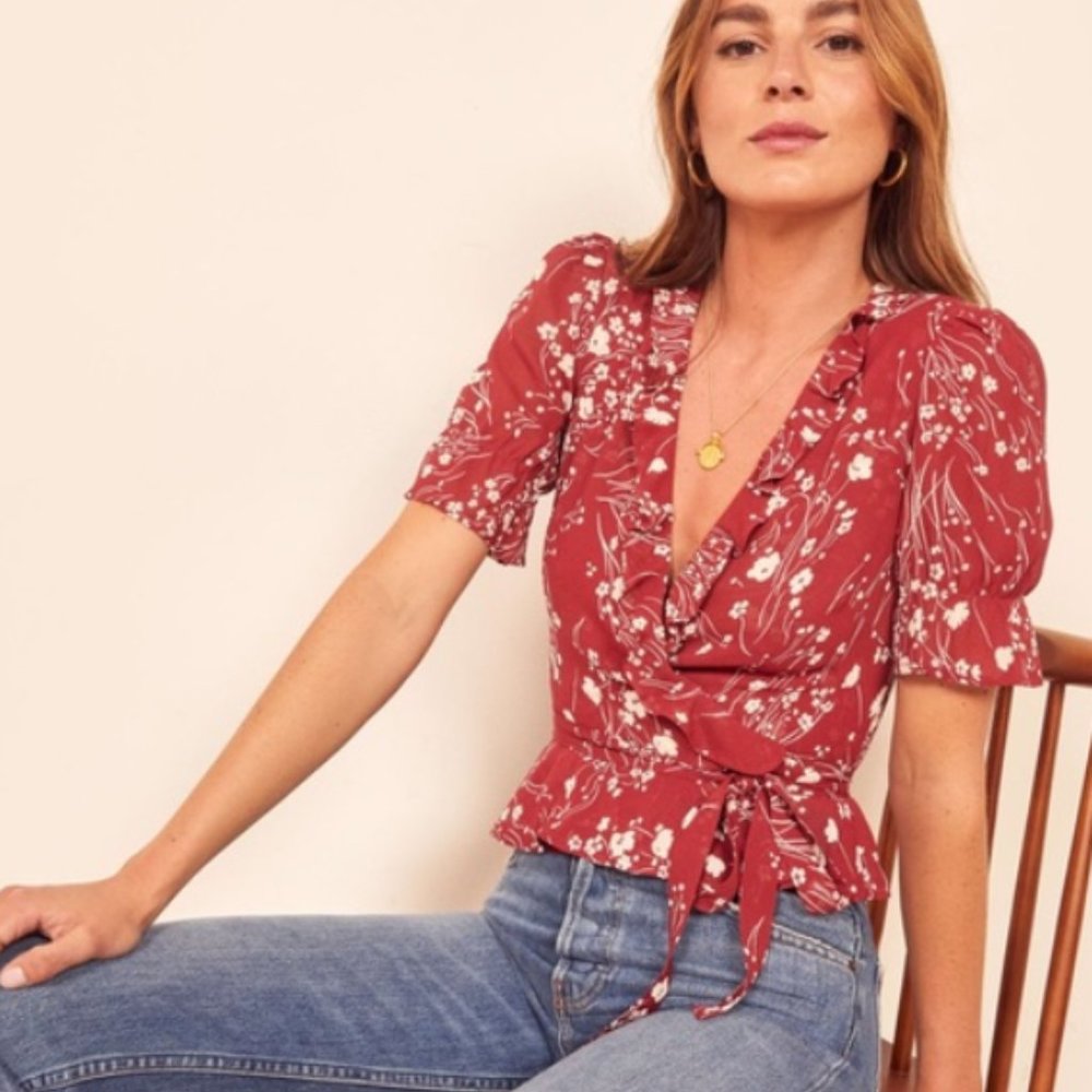 Reformation Caprice ruffle neck wrap blouse
